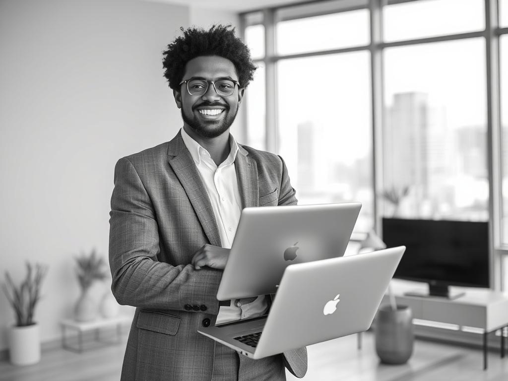 **AI Image Generation Prompt:**

Create a realistic high-resolution black and white photo that embodies the theme of "Maximize Your Business Potential." The composition should be simple and clear, featuring a single subject—a confident business consultant, portrayed as a man or woman of diverse ethnicity, standing with a laptop in an inviting office environment. 

The subject should display an engaging and thoughtful expression, as if they are explaining a proven strategy to enhance business growth. Their a