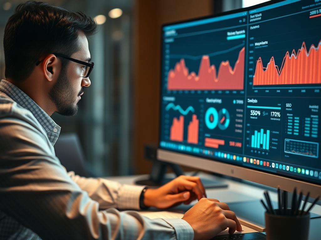 A focused image of a consultant analyzing SEO data on a computer screen. The screen displays graphs and analytics related to website traffic and keywords. The consultant is taking notes, showcasing a blend of technology and strategic planning. The image should have a professional ambiance with a slight blur in the background to emphasize the data and the consultant at work. Incorporate the primary color #FF6E4E in the design elements of the workspace.