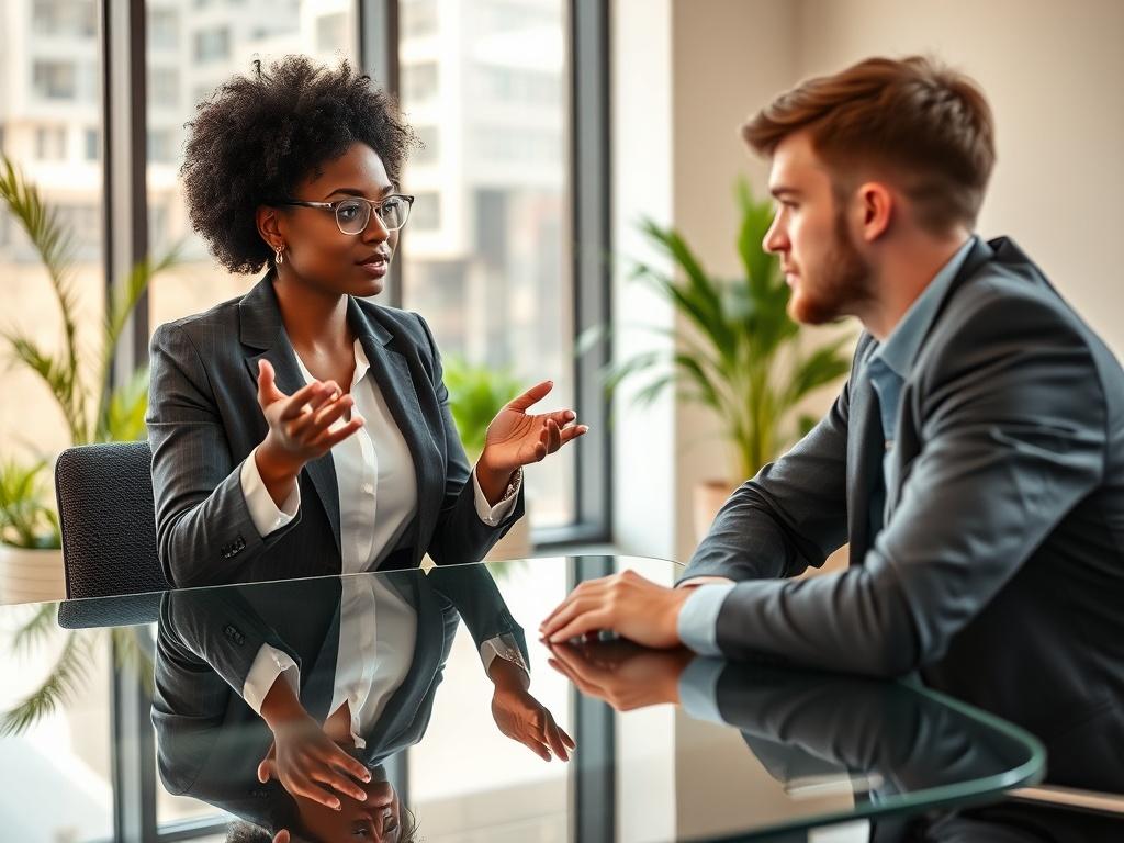 **AI Image Generation Prompt:**

Create a realistic high-resolution photo representing a blog titled "Unlocking Business Potential with Expert Consulting." The composition should be simple and clear, focusing solely on one central subject: a confident business consultant engaged in a thoughtful discussion with a client across a modern glass table. 

The consultant, a middle-aged Black woman dressed in professional attire, should be actively demonstrating engagement and authority, with hand gestures that emp