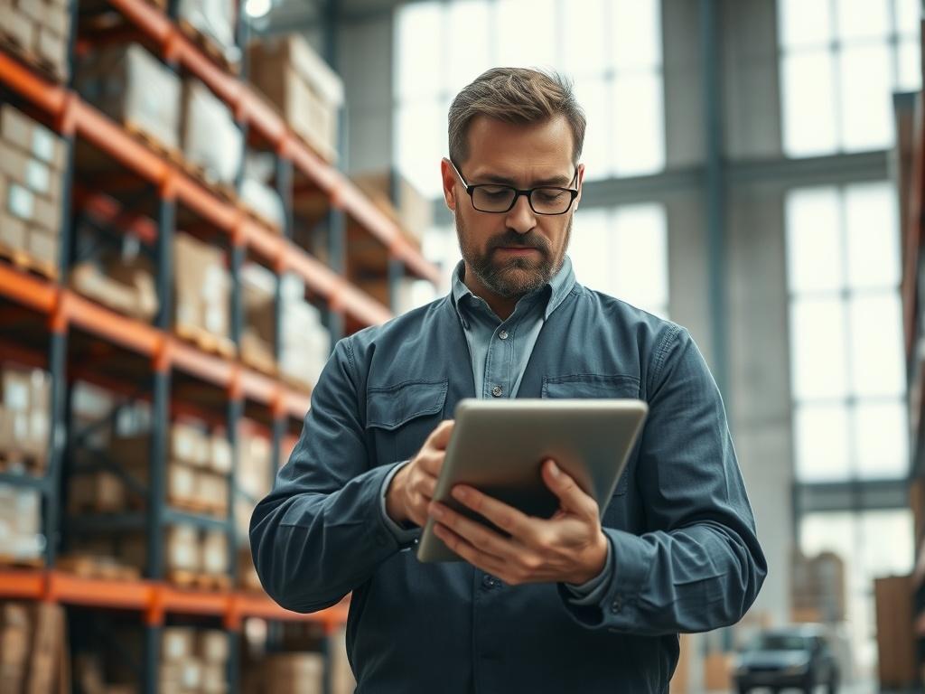 An operations manager in a bustling warehouse environment, reviewing processes on a digital tablet. The manager is actively engaged, with a clear focus on efficiency. The background features organized shelves of products, showcasing a well-run operation. Soft natural light filters in through large windows, creating a productive atmosphere. The image should be captured with a 45mm f/1.2 lens, providing a clear view of the manager while gently blurring the warehouse background.