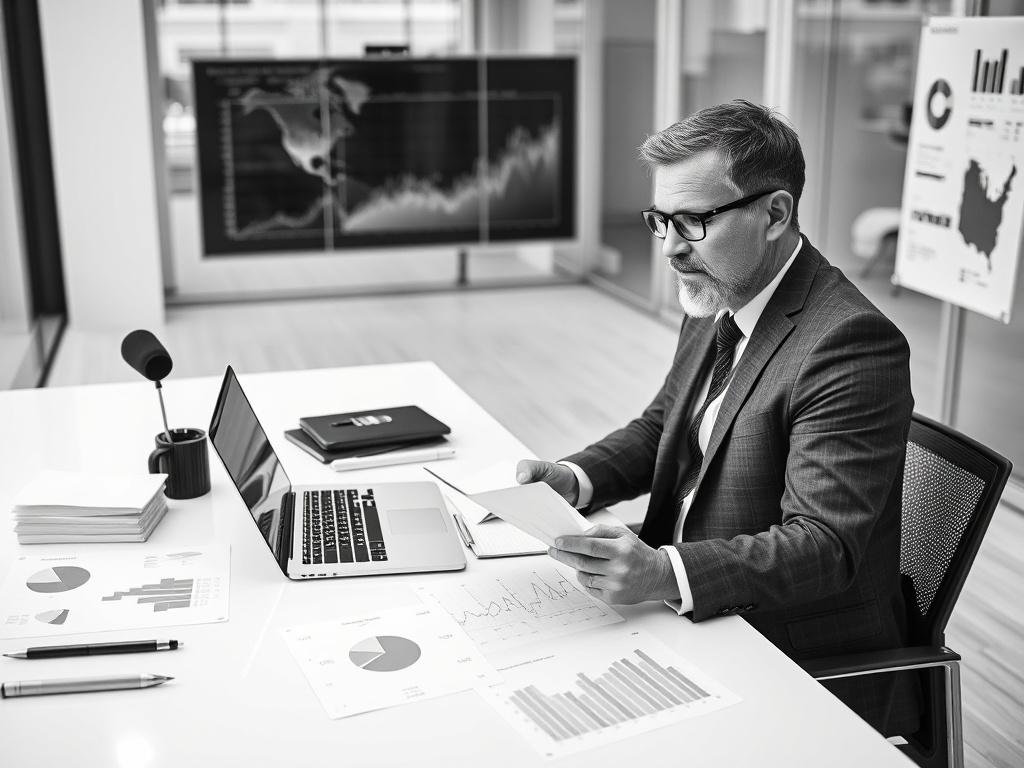 A professional consultant sitting at a modern office desk, analyzing business strategies with a laptop open and a notepad in hand, surrounded by charts and graphs in a black and white theme.