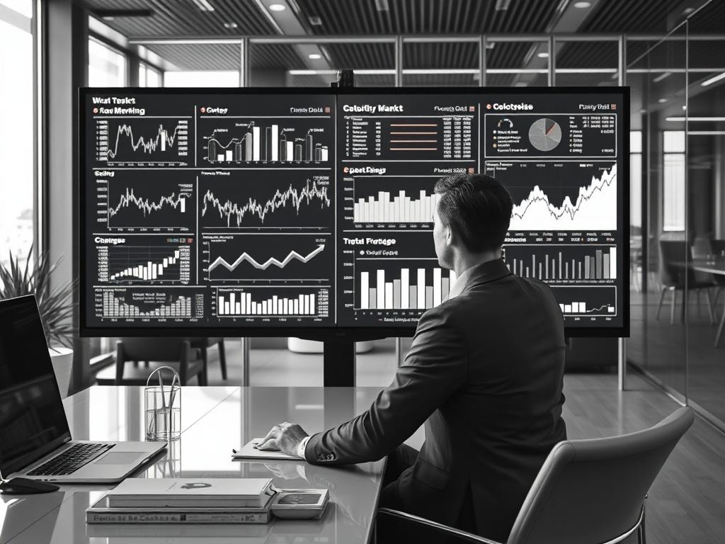 A consultant analyzing market data on a large screen in a stylish office, with black and white charts and graphs displayed, indicating market trends and analysis.