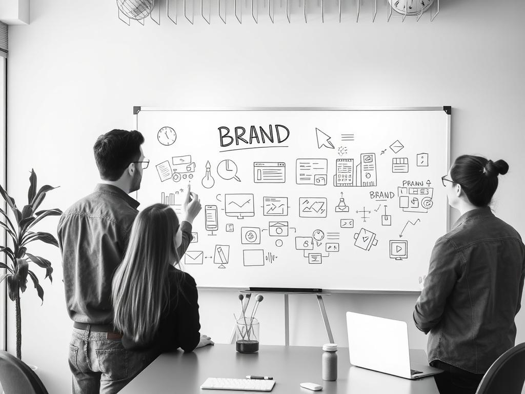 A creative team brainstorming brand concepts on a whiteboard in a modern office, with sketches and notes in black and white, symbolizing brand development.