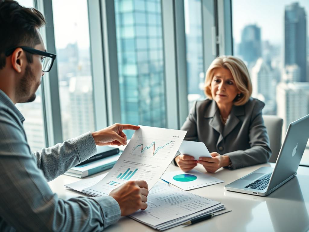 A close up shot of a financial consultant reviewing documents