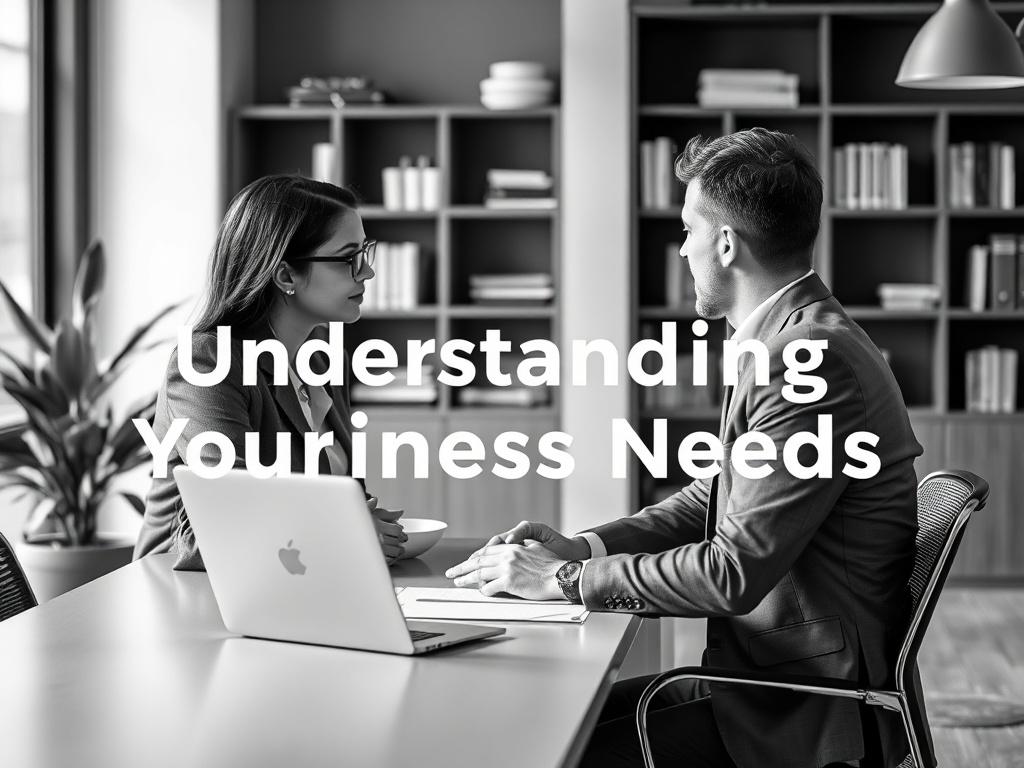 Create a realistic high-resolution black and white image that embodies the theme of a blog titled "Understanding Your Business Needs." The composition should be simple and clear, featuring a single subject: a confident business consultant engaged in a thoughtful discussion with a client. The consultant should be sitting at a modern, uncluttered desk, leaning slightly forward to convey interest and attention. 

In the background, include a softly blurred office setting that suggests professionalism—perhaps a