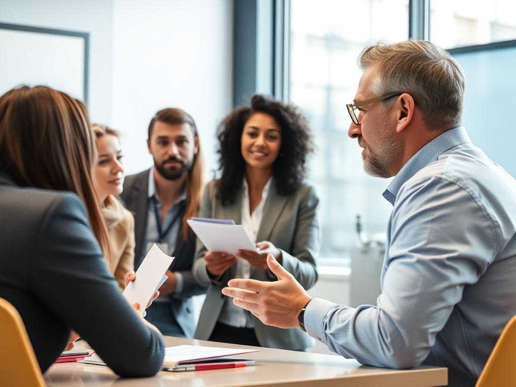 A close-up shot of a consultant leading a training session with a team of employees. The room is bright and modern, with visual aids like slides or handouts. The focus is on the interaction between the consultant and the team, illustrating collaboration and active learning. Use a 45mm f/1.2 lens for a hyper-realistic effect.