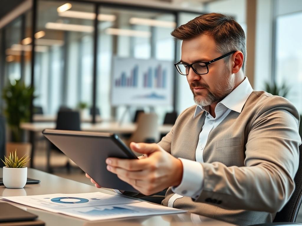 A close-up shot of a consultant analyzing data on a tablet, with graphs and charts displayed. The setting is an office with a modern design, symbolizing analysis and evaluation. The focus is on the consultant’s expression of concentration and insight. Capture this moment in a hyper-realistic style using a 45mm f/1.2 lens.