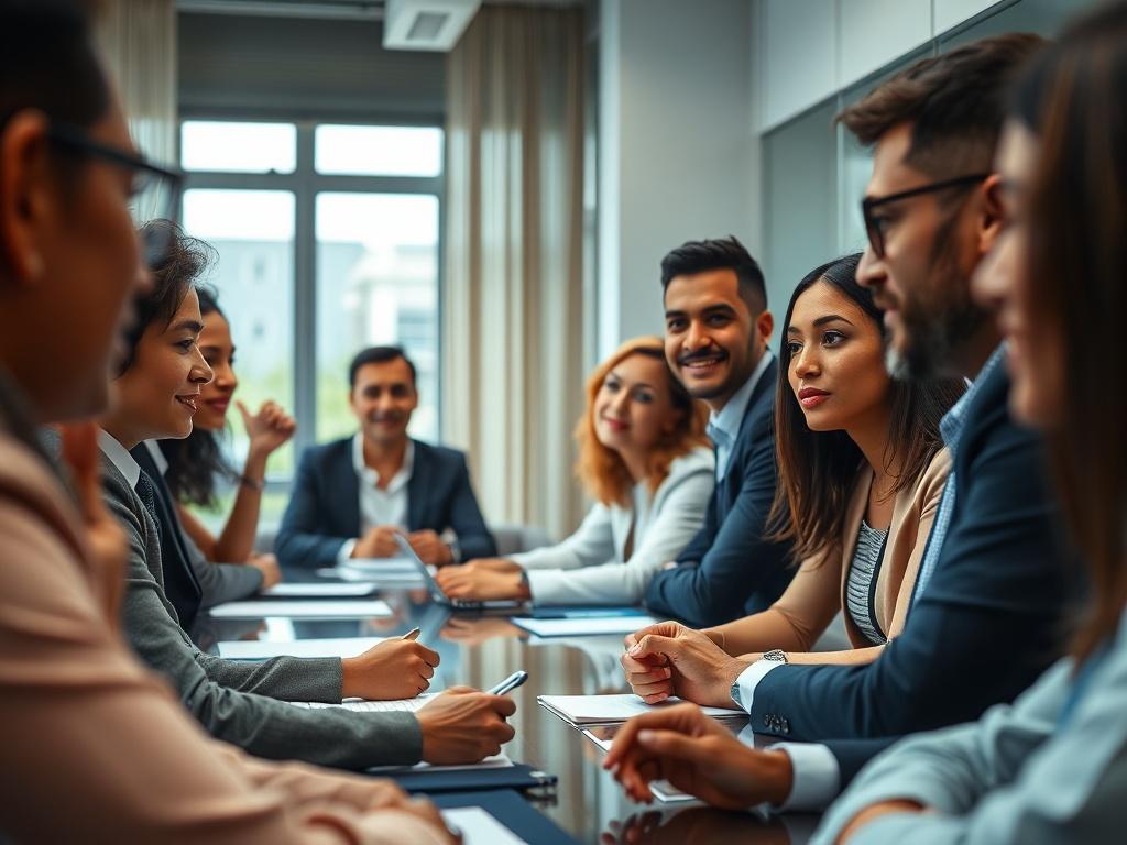 A close-up shot of a diverse group of business professionals in a meeting room, engaged in discussion. The setting is professional, with a modern conference table and natural light coming from a window. The focus is on the expressions of the participants, showcasing their engagement and collaboration. Use a 45mm f/1.2 lens style for a hyper-realistic effect, emphasizing the warm colors in the scene.