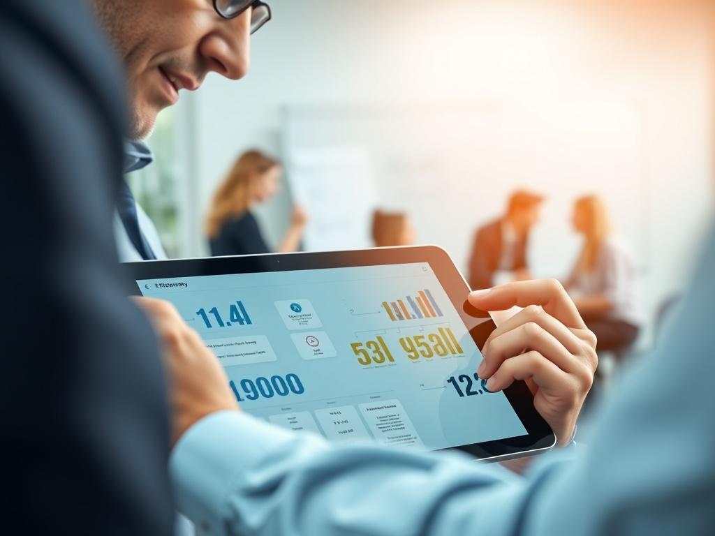 A close-up of a consultant examining a flowchart on a digital tablet, with a focus on the tablet screen showing efficiency metrics. The background is an office environment with a whiteboard and a team brainstorming in the distance.
