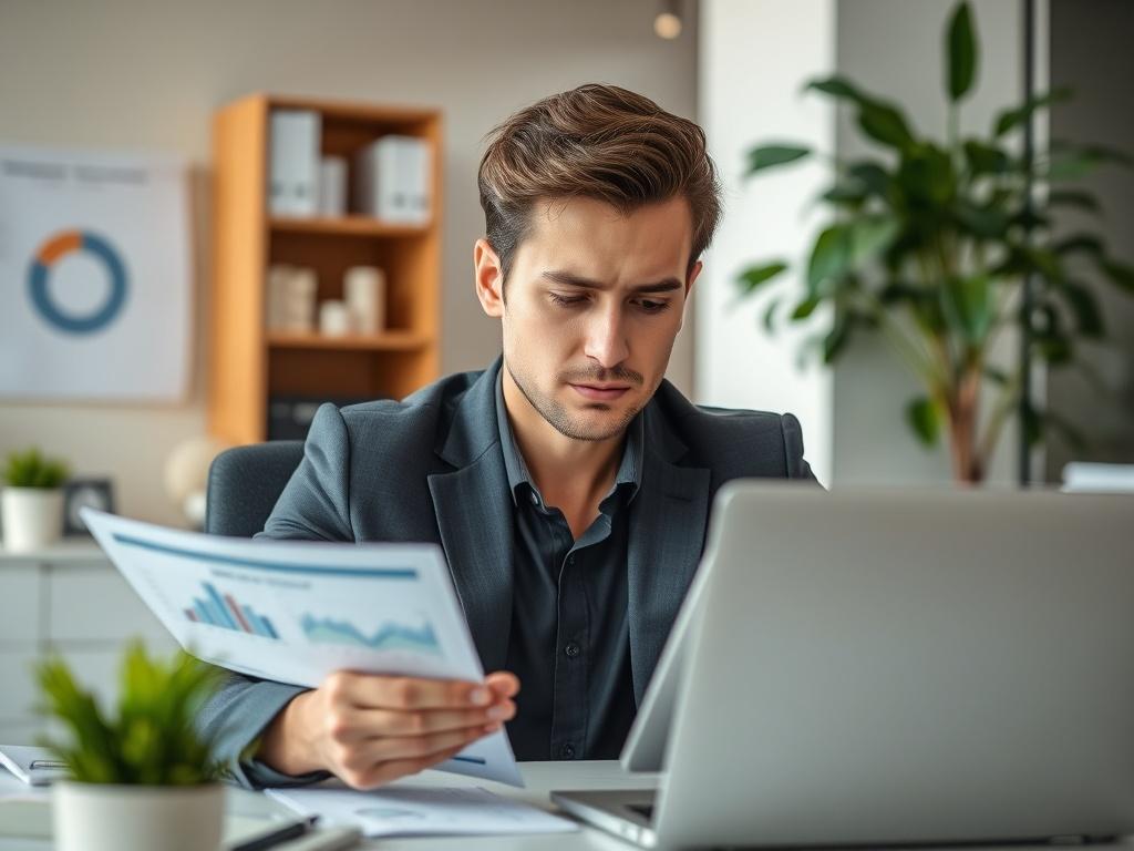 A business consultant sitting at a modern desk, reviewing strategy documents with graphs and charts. The background features a well-organized office space with a plant and a laptop. The scene is bright and professional, focusing on the consultant's engaged expression.