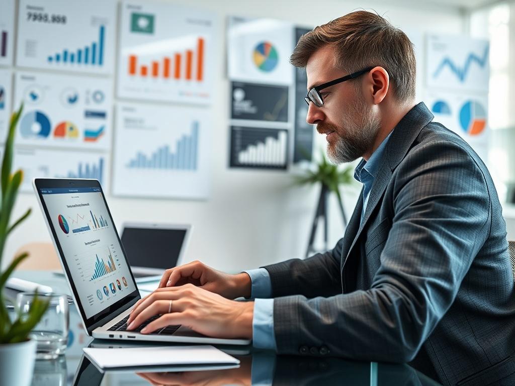 A researcher analyzing data on a laptop, surrounded by graphs and charts on a wall. The focus is on the laptop screen displaying market research results, with a bright, modern office background.