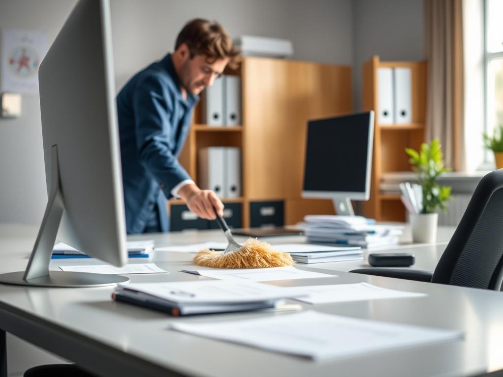 A hyper-realistic close-up shot of a well-organized office space, highlighting a clean desk with neatly arranged paperwork and a computer. The scene should depict a cleaning professional dusting the desk, creating a sense of tidiness and productivity. Soft natural light should filter through a nearby window, enhancing the clean and organized feel of the office. The background should be subtly blurred, emphasizing the immaculate workspace, complemented by the color rgb(193, 153, 87).