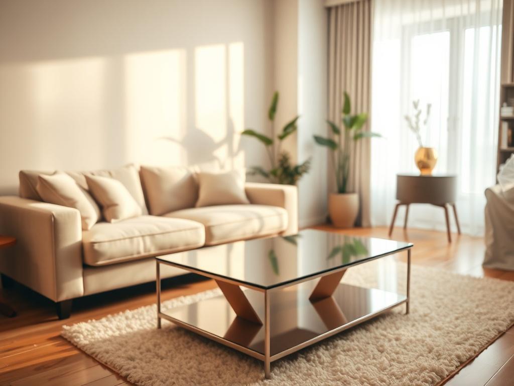 A hyper-realistic close-up shot of a clean living room, showcasing sparkling surfaces and neatly arranged furniture. The focus should be on a corner with a plush sofa, polished coffee table, and a bright window allowing natural light to flood in. The background should be blurred slightly to emphasize the cleanliness and freshness of the space, with a warm color palette that complements the primary color rgb(193, 153, 87).
