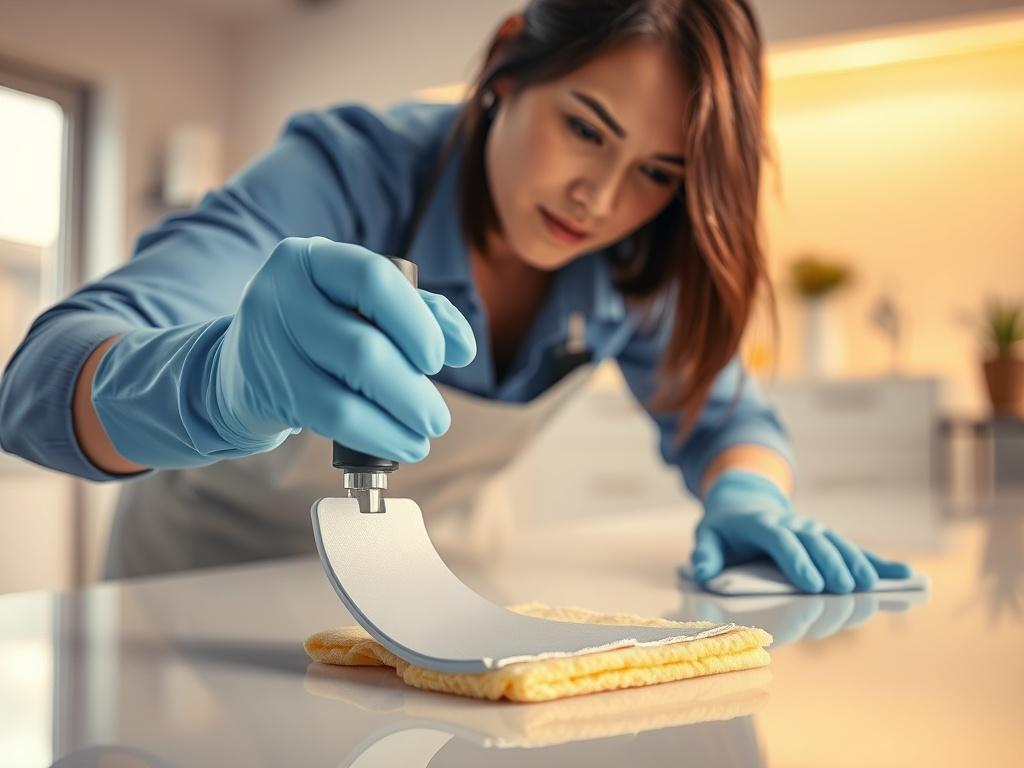 A hyper-realistic close-up shot of a professional cleaner in action, wearing gloves and using cleaning tools in a bright and tidy room. The background should feature gleaming surfaces and a well-organized environment, emphasizing cleanliness and attention to detail. The lighting should be warm and inviting, highlighting the cleaner's focused expression as they meticulously clean.