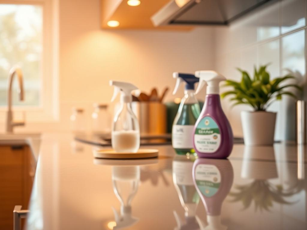 A hyper-realistic close-up shot of a sparkling clean kitchen countertop with a focus on the gleaming surfaces and a few cleaning supplies artfully arranged. The background is softly blurred to emphasize the cleanliness of the countertop. The lighting is warm and bright, showcasing the cleanliness and inviting atmosphere.