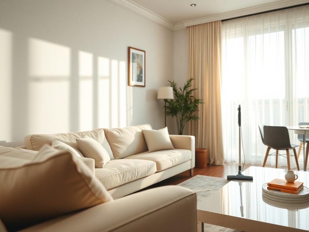 A hyper-realistic close-up shot of a pristine living room with polished furniture and neatly arranged decor. The sunlight filters through the window, illuminating the space and highlighting its cleanliness. A vacuum cleaner is subtly positioned in the corner, signifying recent cleaning activity.