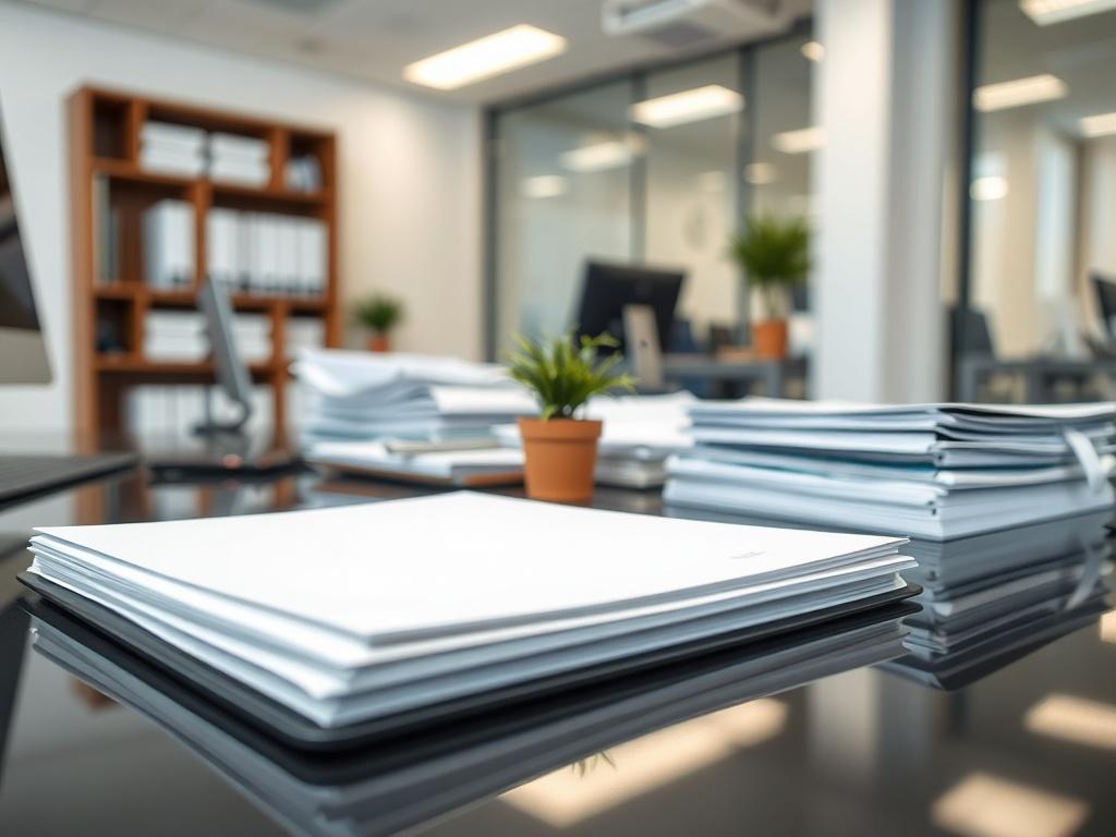 A hyper-realistic close-up shot of a beautifully organized office desk with a shiny surface and neatly stacked papers. A small plant adds a touch of greenery, while the background showcases a clean and orderly office environment. The lighting is bright and inviting, emphasizing the tidiness of the workspace.