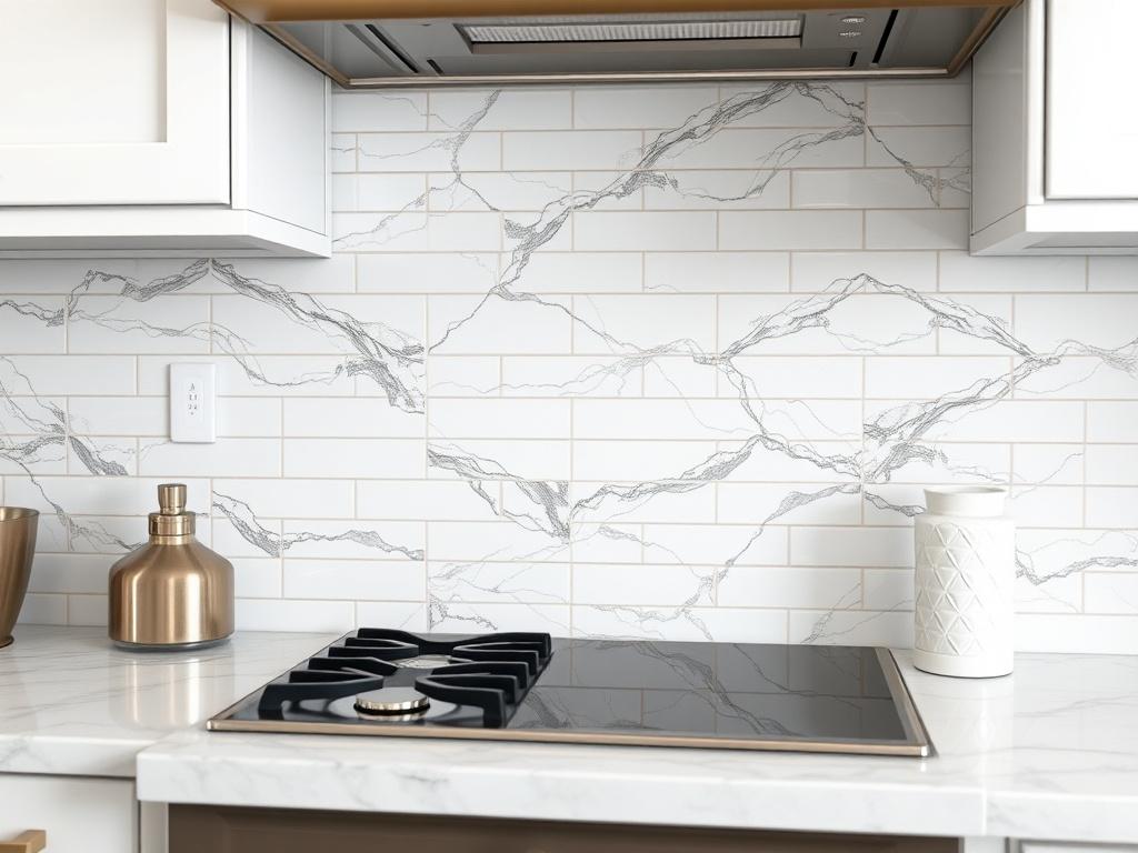 A close-up shot of a beautifully installed ceramic tile backsplash featuring elegant marble patterns. The image should capture the intricate details of the tiles, showcasing their glossy finish and unique veining. The background should be a simple kitchen setting that highlights the backsplash, focusing on the craftsmanship and elegance of the tile design. The shot should be taken with a 45mm f/1.2 lens to create a soft blur effect around the edges, emphasizing the backsplash as the main subject.