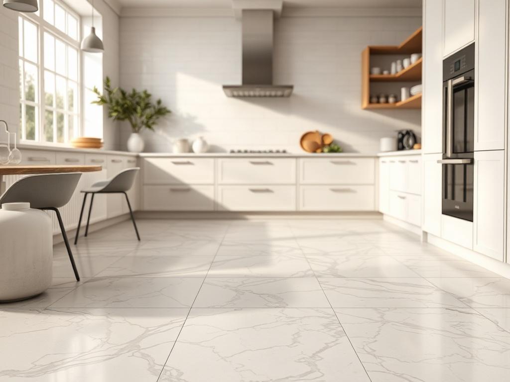 A close-up shot of a beautifully installed 12x12 ceramic tile marble flooring in a kitchen setting. The image should capture the intricate veining and texture of the marble tiles, showcasing their elegance and shine. The background should feature a well-lit, modern kitchen with soft colors, allowing the tiles to be the focal point. The composition should be clean and inviting, emphasizing the luxurious feel of marble in a practical kitchen environment.