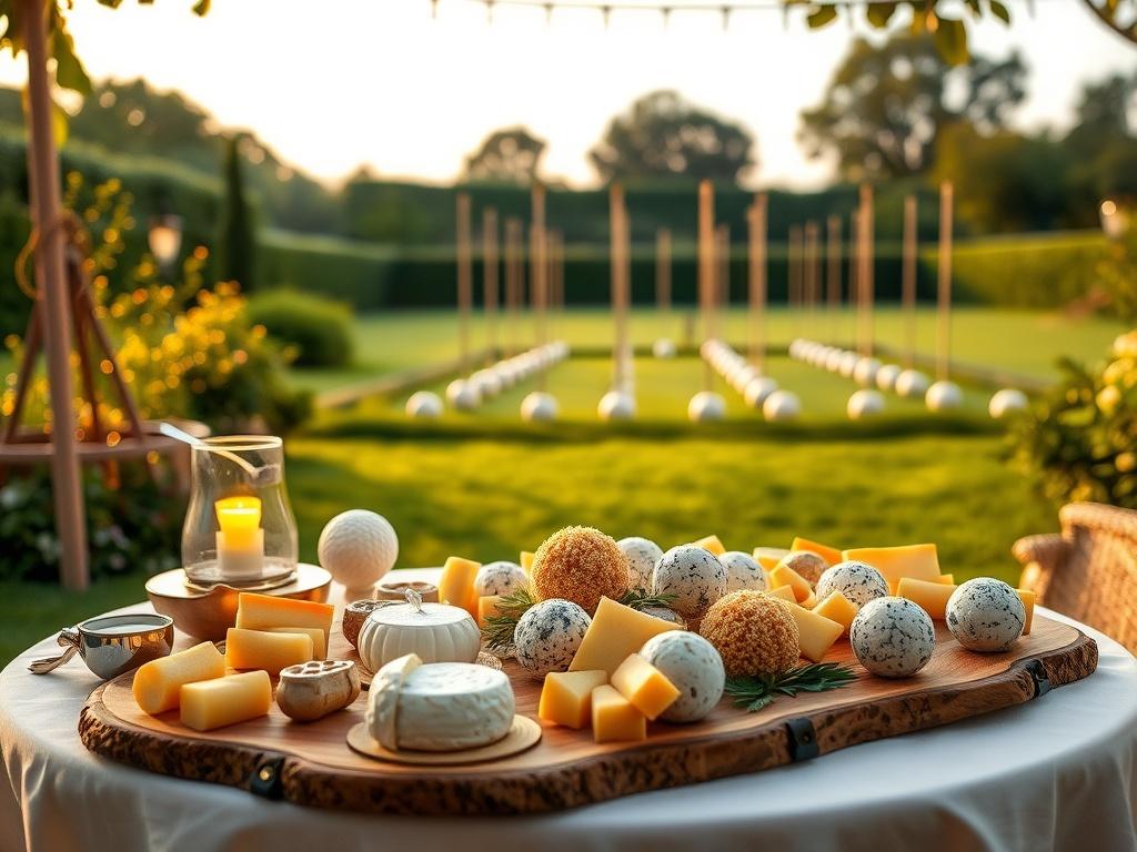 An elegant outdoor scene with a beautifully arranged table showcasing a variety of gourmet cheese balls, with a complete croquet setup in the background. Soft golden lighting enhances the serene atmosphere, and lush greenery surrounds the area, inviting guests to engage in the experience.