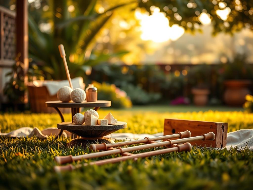 A cozy outdoor setting featuring a small table with a selection of cheese balls arranged beautifully, a croquet set laid out on the grass, and soft, warm lighting creating an inviting atmosphere. The background should show a serene garden with lush greenery, enhancing the peaceful vibe.