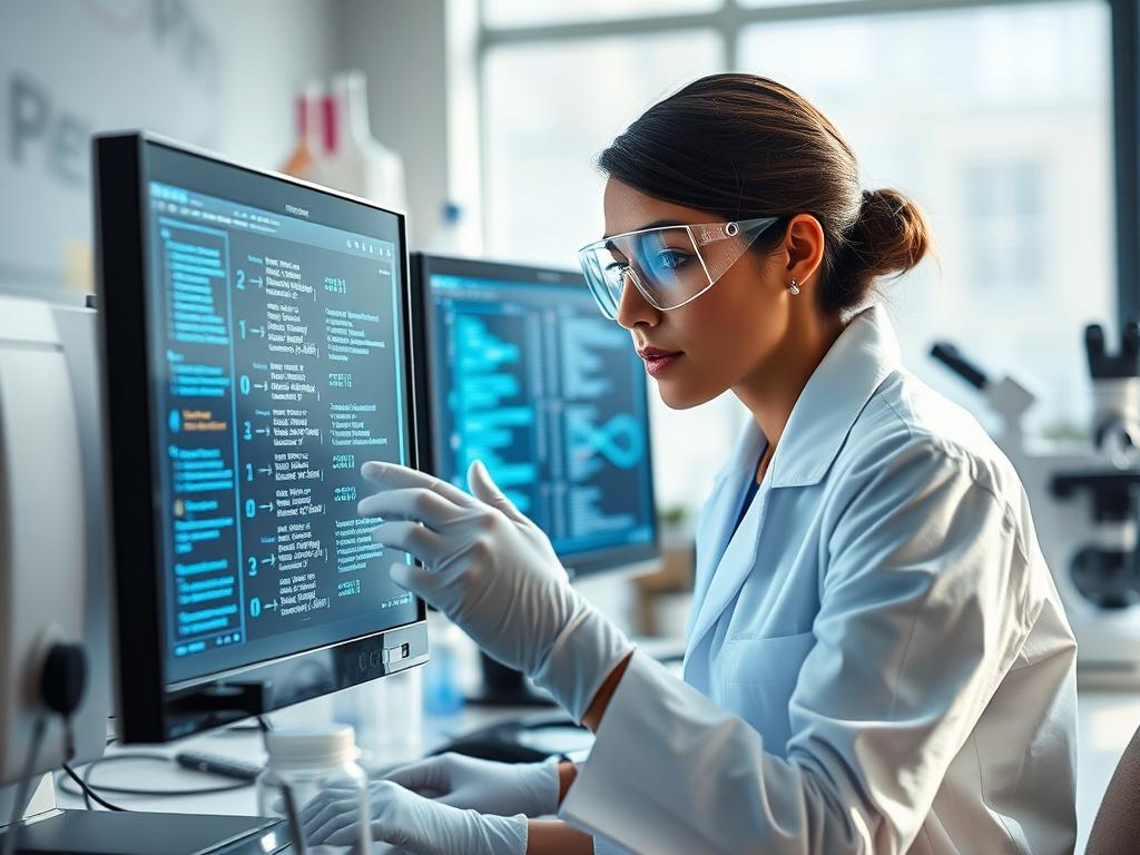 Create a hyper-realistic high-resolution photo that depicts a single researcher during a Genomics Workshop focused on Cancer research. The scene should be composed simply, with the researcher as the central subject. The researcher, a young Hispanic woman, is intently analyzing DNA sequences displayed on a computer screen. She wears a white lab coat, gloves, and safety goggles, emphasizing her role in a scientific setting. 

In the background, the laboratory should feature typical research equipment, such as