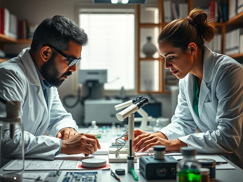 Create a realistic, high-resolution photo that encapsulates the essence of a "Taller de Genómica en Cáncer." Focus on a single subject: a diverse group of three focused researchers (one male, one female, and one non-binary) engaged in a collaborative discussion around a laboratory table. Each researcher should showcase a mix of ethnic backgrounds, representing inclusivity in the scientific community.

The primary subject should be leaning over a table cluttered with scientific materials: DNA models, microsc