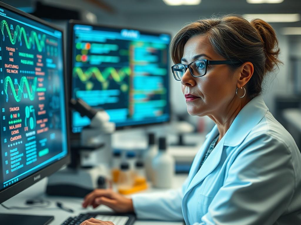 Create a realistic high-resolution photo depicting a single scientist, a middle-aged woman of Hispanic descent, who is intently analyzing DNA sequencing data on a computer screen in a modern laboratory setting. The subject should be dressed in a white lab coat, showcasing professionalism and expertise. Her expression should convey focus and determination as she explores the impact of genomics on cancer research. 

In the background, include lab equipment such as microscopes, test tubes, and a large monitor 