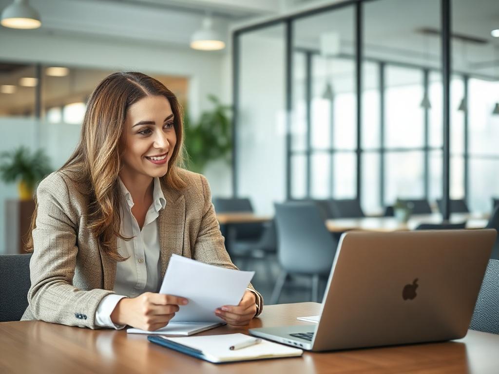 A close-up shot of a recruiter and a business owner engaged in a discussion, with a notepad and laptop in front of them. The setting is a bright conference room, symbolizing collaboration and a shared vision for successful hiring.