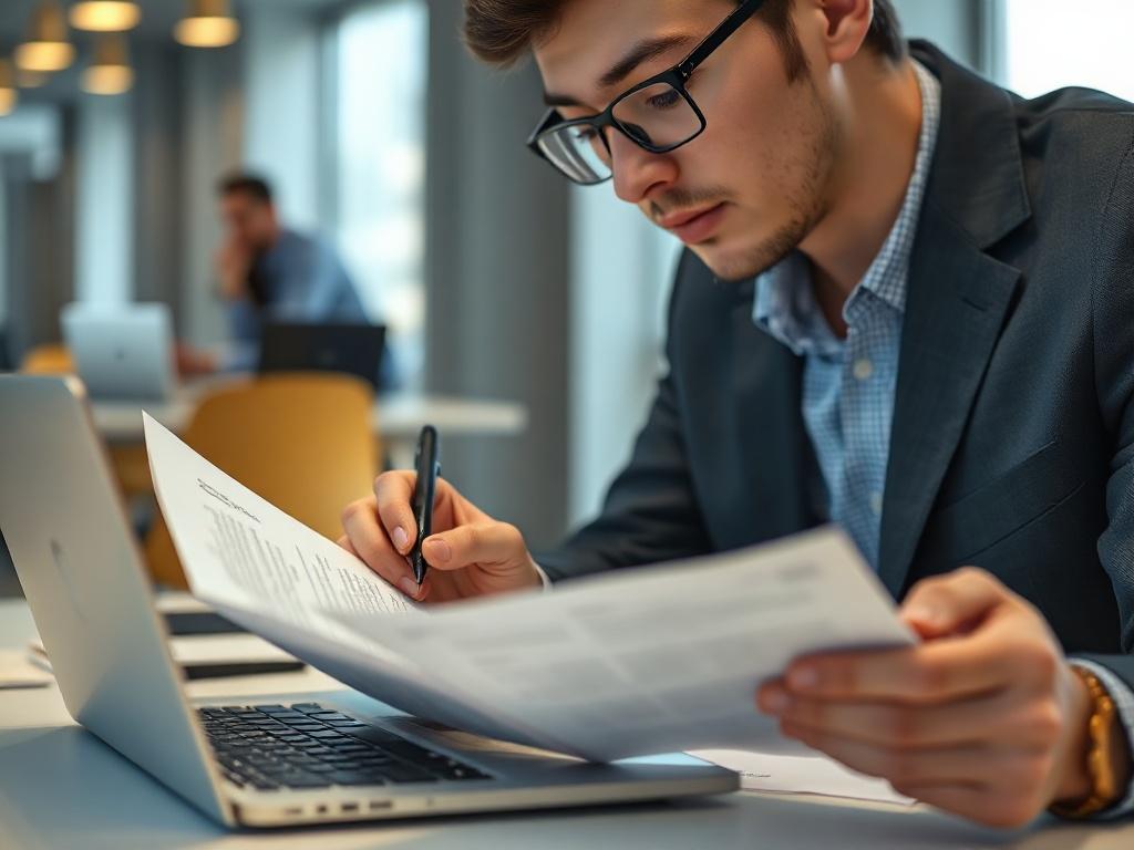 A close-up shot of a professional recruiter reviewing resumes on a sleek laptop, with a background showing a modern office space. The image captures the focus and determination of the recruiter, highlighting the efficiency and effectiveness of the hiring process.