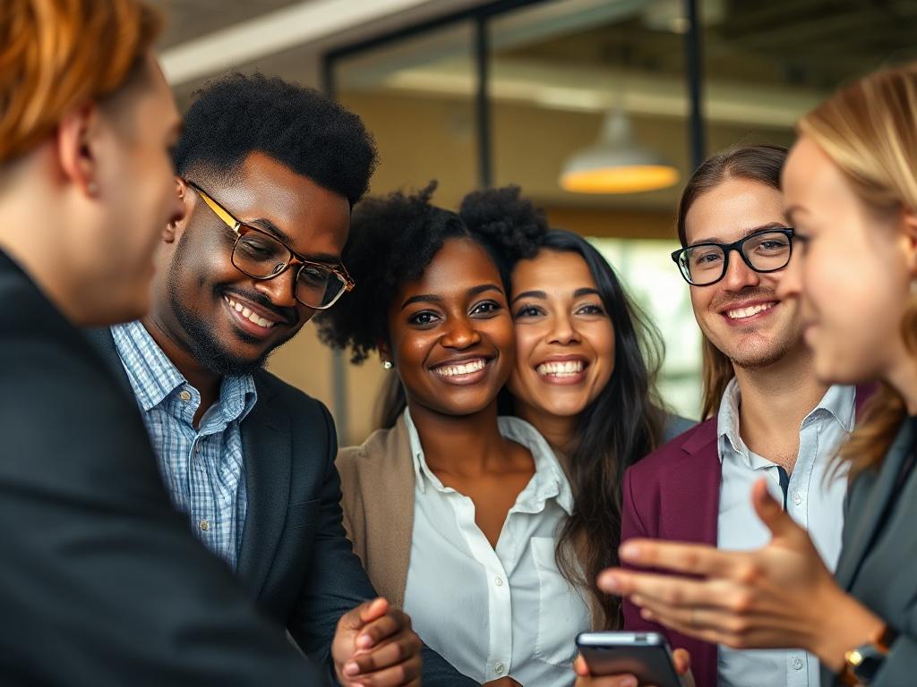 A close-up shot of a diverse group of professional candidates engaged in a discussion, with a warm and inviting office background. The focus is on their expressions of enthusiasm and collaboration, captured in soft natural light to convey a sense of teamwork and potential.