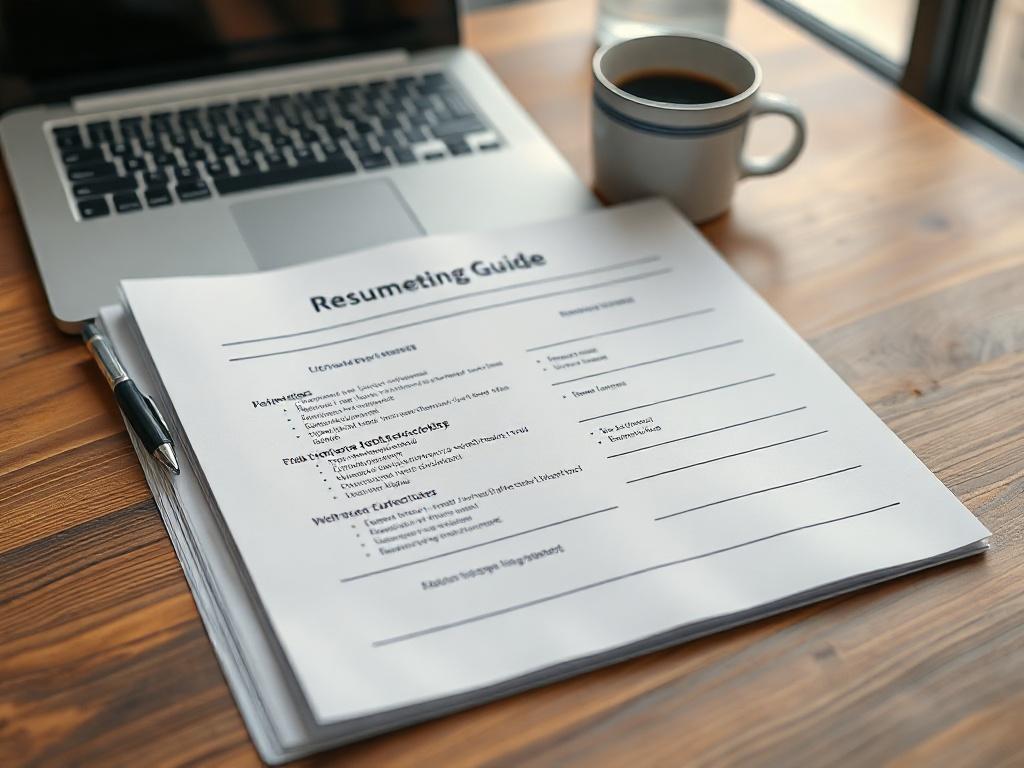 A close-up shot of an open resume writing guide, featuring highlighted sections and a sleek design. The guide is placed on a wooden desk with a laptop and a cup of coffee in the background, capturing a professional and inviting atmosphere.