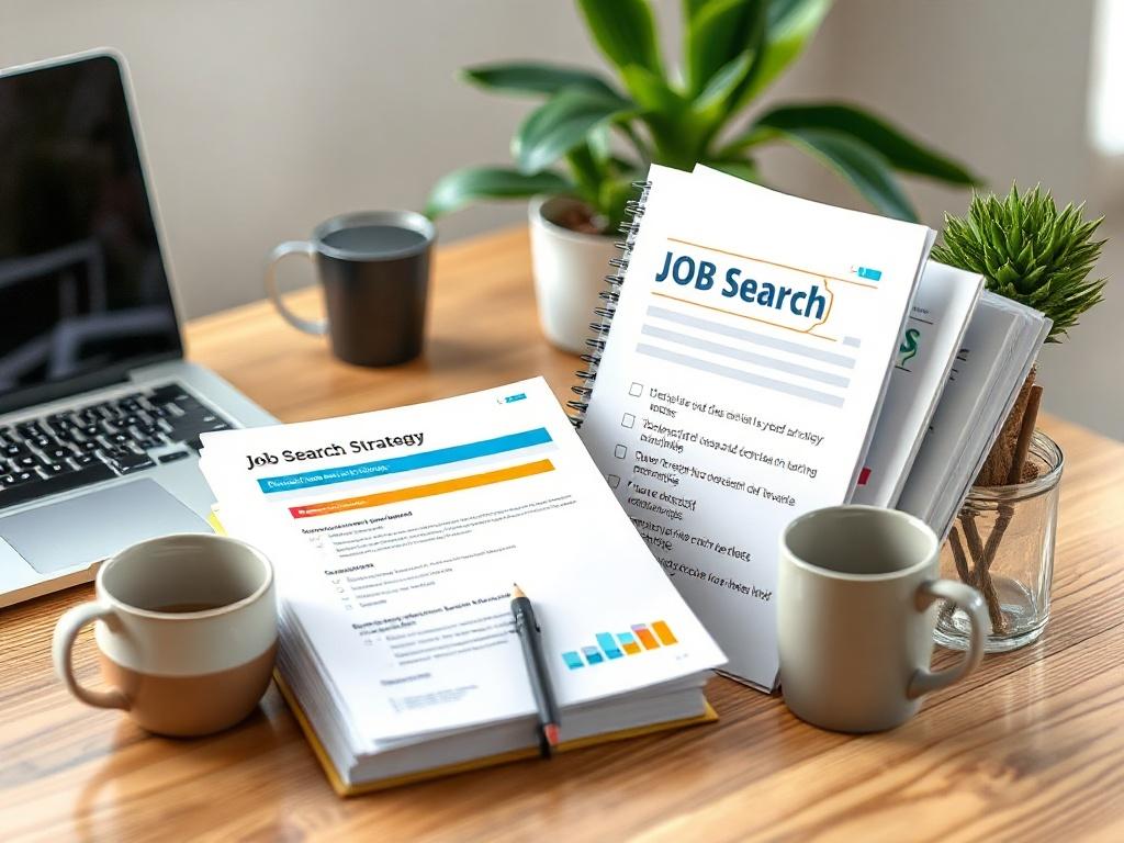 A close-up of a job search strategy toolkit, featuring organized templates and checklists. The toolkit is displayed on a desk next to a laptop, a coffee mug, and a small plant, symbolizing a productive and organized workspace.