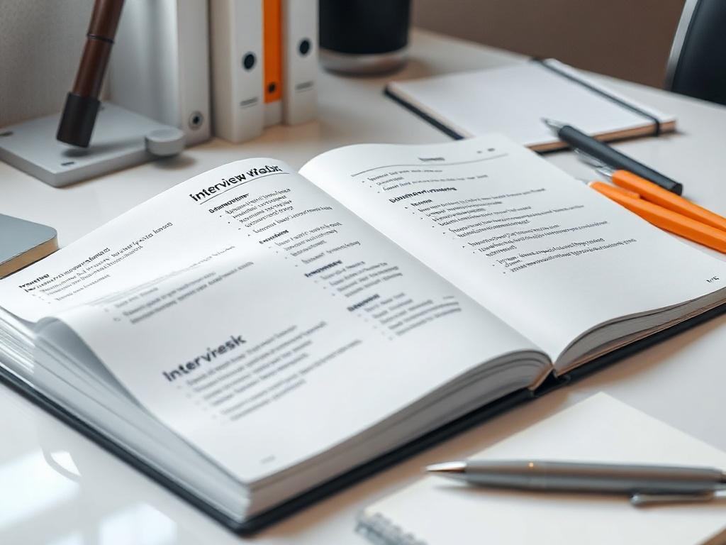 A close-up shot of an interview preparation workbook, opened to a page with interview questions and notes. The workbook is set on a modern desk with a pen and a notepad, creating a focused and motivational workspace.
