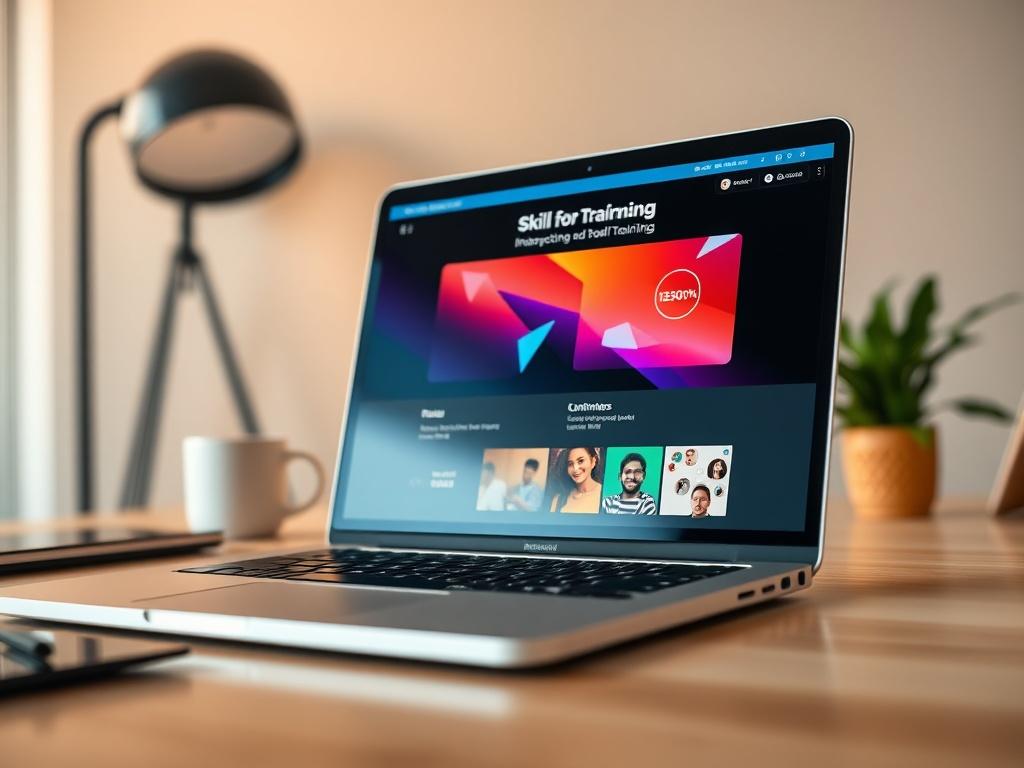 A realistic high-resolution close-up shot of a laptop displaying an interactive training module, set against a minimalist workspace background. The laptop screen should show vibrant graphics related to skill enhancement, and the overall scene should convey a sense of professionalism and focus. The lighting should be warm and inviting, complementing the rgb(248, 183, 40) primary color without any text or abstract shapes.