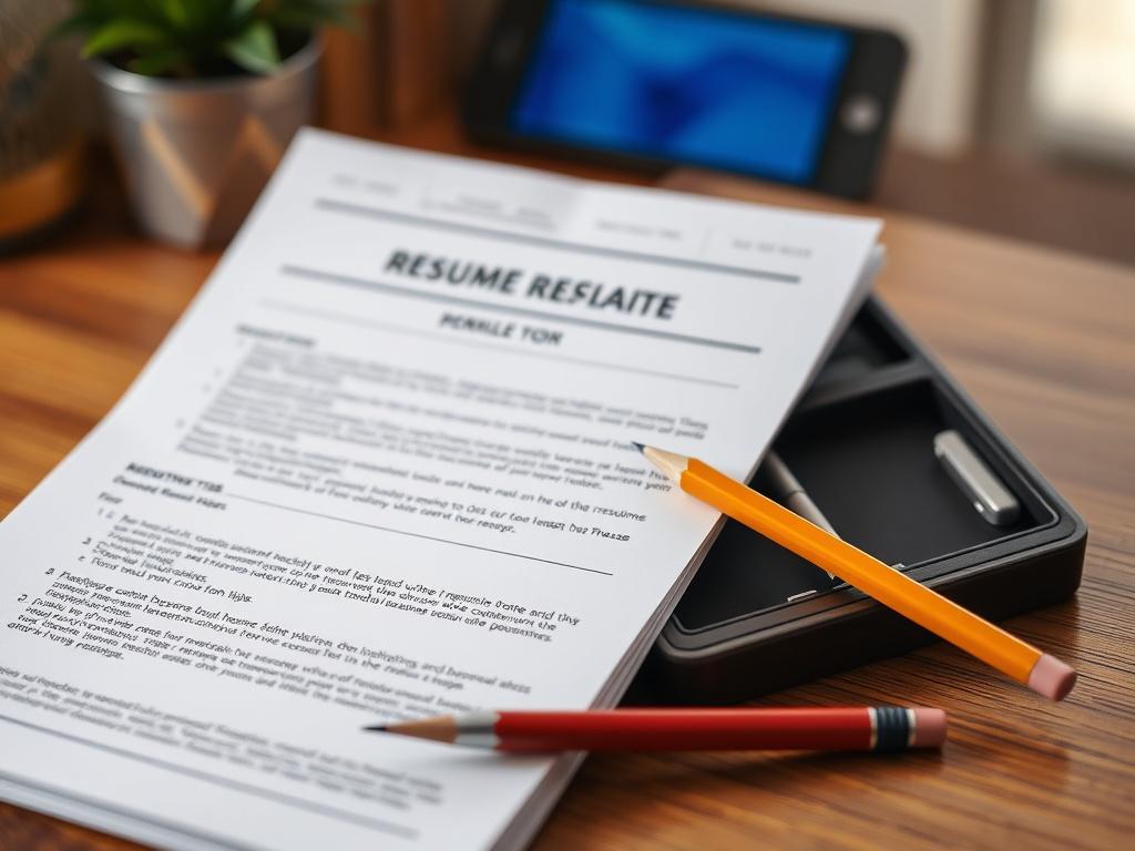 A close-up shot of a neatly organized resume building kit, featuring a professional resume template, a notepad with writing tips, and a pencil. The background is softly blurred to focus on the kit, with warm lighting to create an inviting atmosphere. The colors should complement the primary color rgb(216, 158, 50).