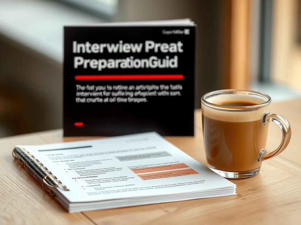 A close-up shot of an interview preparation guide displayed alongside a cup of coffee and a notepad. The guide features a clean layout with highlighted sections. The background is softly blurred, creating a warm and inviting atmosphere. The colors should align with the primary color rgb(216, 158, 50).