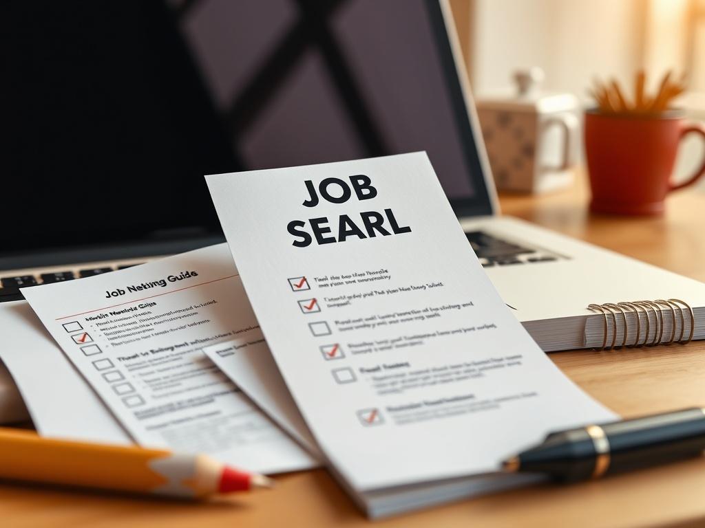 A close-up shot of a job search toolkit featuring a checklist, a laptop, and a networking guide. The items are neatly arranged, with a soft-focus background to highlight the toolkit. The warm lighting enhances the inviting atmosphere. The colors should be compatible with the primary color rgb(216, 158, 50).