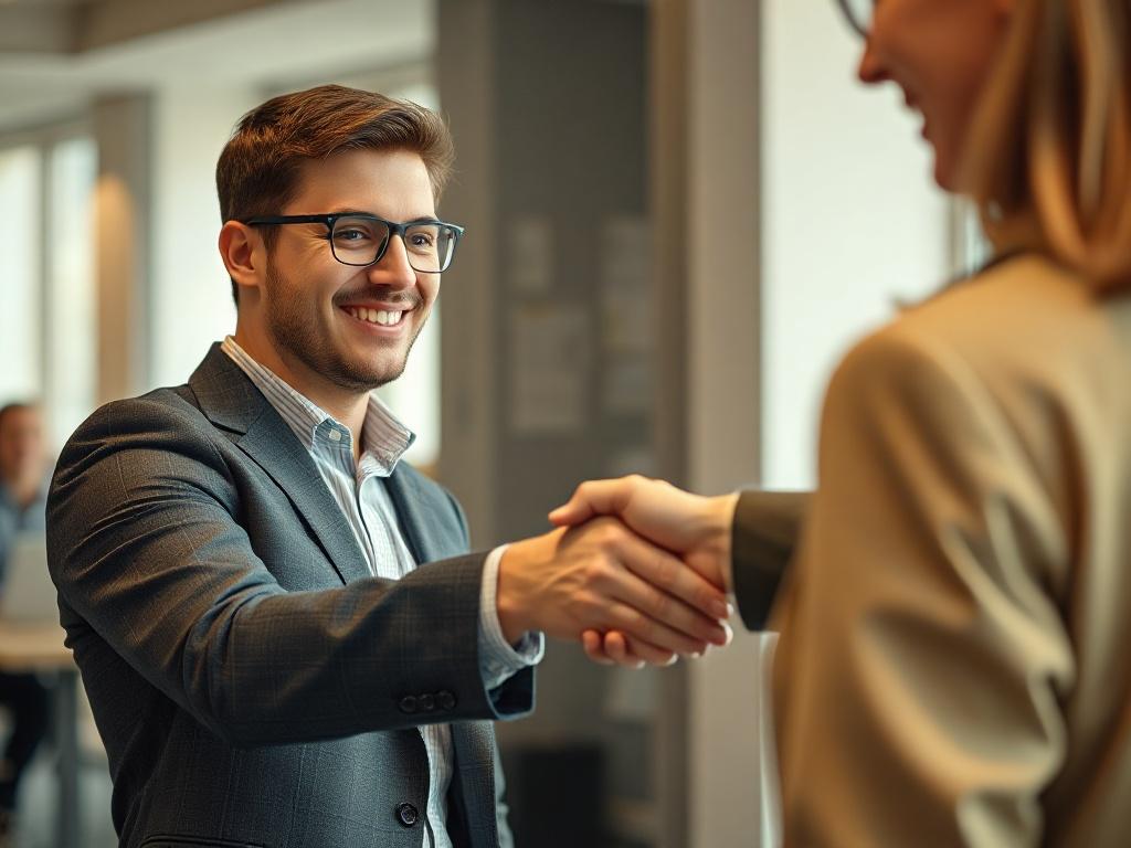 A focused, realistic image of a job seeker confidently shaking hands with a recruiter in an office setting. The background should be subtly blurred to emphasize the interaction, showcasing professionalism and optimism. The subject should be well-lit, with a warm color palette that includes shades of gold and brown to reflect the primary color of rgb(216, 158, 50).