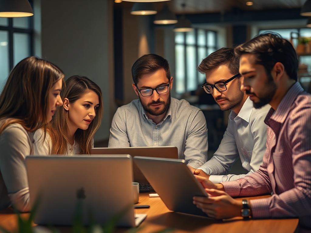 A hyper-realistic image of a business team engaged in a productive meeting, reviewing candidate profiles on laptops and tablets. The setting should reflect a modern office environment with warm lighting, creating an atmosphere of collaboration and focus. The primary color of rgb(216, 158, 50) should subtly influence the decor, enhancing the overall visual appeal.
