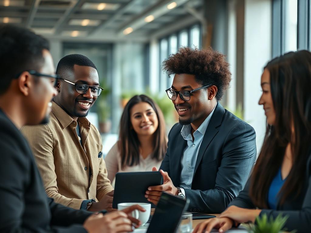 A vibrant image showcasing a diverse group of professionals collaborating in a modern workspace. The scene should highlight individuals of different ethnicities and genders, emphasizing teamwork and inclusivity. The background should be softly lit, incorporating the primary color of rgb(216, 158, 50) in decor elements to create a harmonious atmosphere.