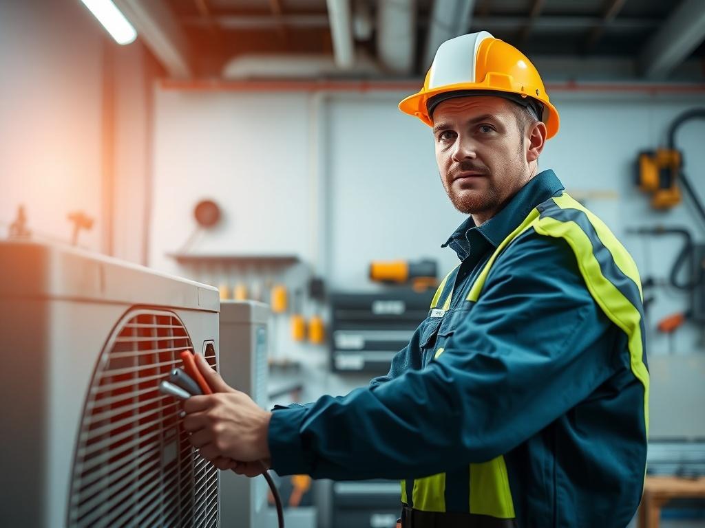 A hyper-realistic photo of a skilled HVAC apprentice working on an air conditioning unit. The focus should be on the apprentice wearing safety gear, intently examining the unit, with tools in hand. The background should be a bright, organized workshop environment with HVAC tools and equipment visible, creating a professional atmosphere. Capture the image with a 45mm f/1.2 lens style to emphasize the detail in the apprentice's expression and the HVAC unit.