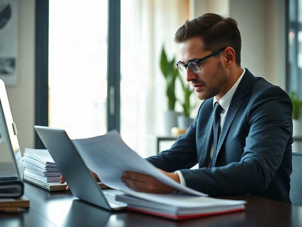 A close-up of a hiring manager reviewing resumes at a sleek desk, surrounded by a well-organized workspace. The focus should be on the hiring manager, who appears focused and engaged, while stacks of neatly organized resumes and a laptop are visible. The background should include a bright window reflecting daylight, creating an inviting and professional atmosphere.
