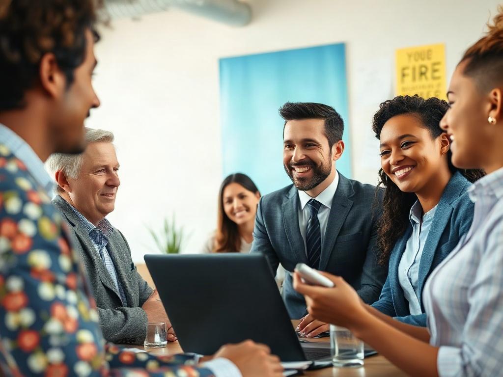 A professional business setting showcasing a diverse group of job candidates in a lively discussion with an employer. The scene should highlight collaboration and engagement, featuring a well-dressed employer with a friendly demeanor interacting with candidates in a bright, inviting office space. The background should include elements of a modern workplace, such as laptops, notepads, and motivational posters, emphasizing a positive hiring atmosphere.