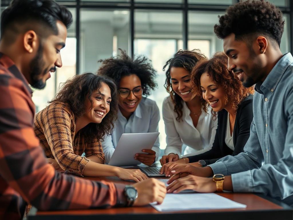 An engaging photo featuring a diverse group of professionals collaborating on a project, showcasing unity and teamwork. The image should highlight individuals of various ethnicities and genders, interacting with enthusiasm around a table filled with documents and digital devices. The background should feature a modern office environment with ample natural light, creating a vibrant and inclusive atmosphere.
