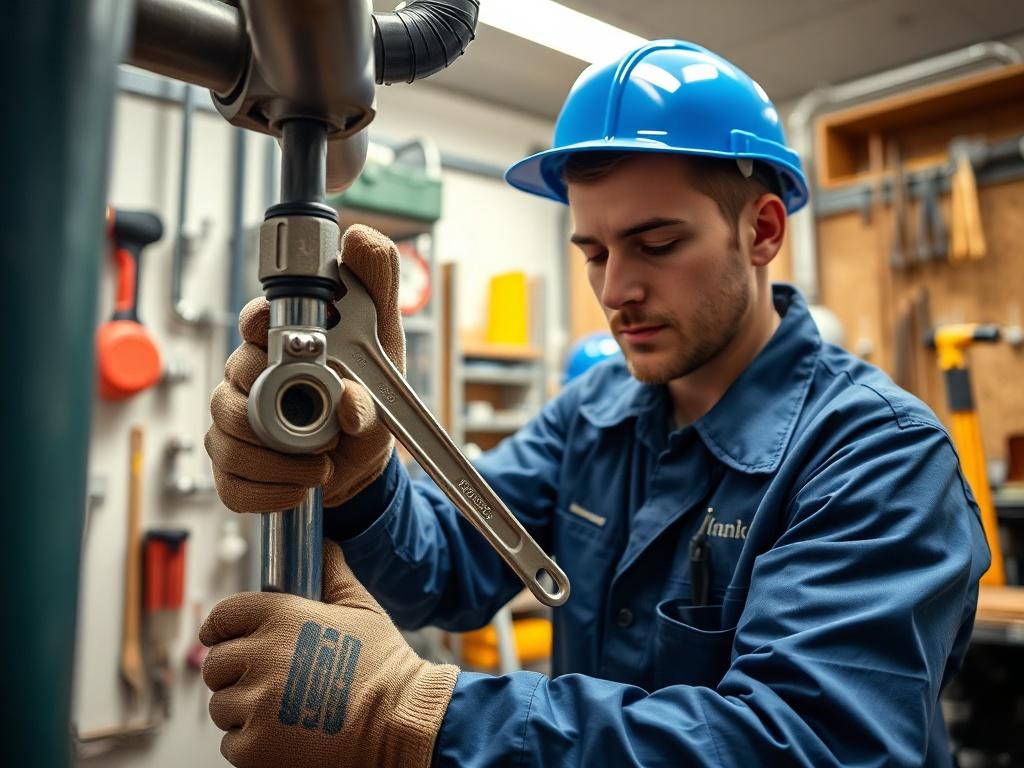A close-up shot of a skilled plumber working on a pipe installation. The plumber is wearing a blue uniform and safety gloves, focused on tightening a pipe fitting with a wrench. The background is a well-lit workshop with plumbing tools and materials, conveying a sense of professionalism and craftsmanship. The overall color scheme complements the primary color rgb(216, 158, 50), emphasizing the tools and the plumber's work.