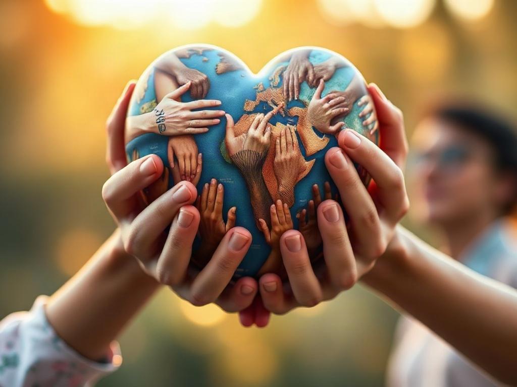 A close-up shot of hands holding a heart-shaped globe made of diverse hands, symbolizing unity and support for employment opportunities. The background should be softly blurred with warm colors, emphasizing a sense of community and hope.
