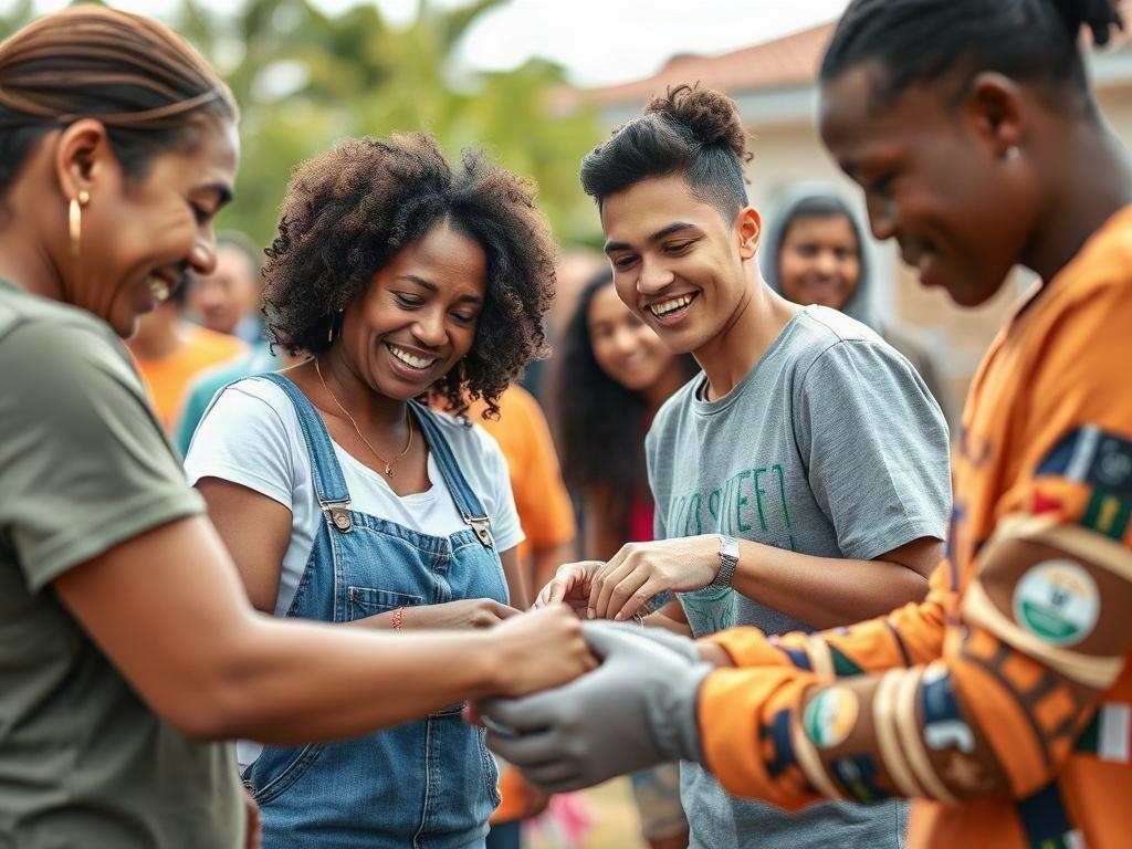 An inviting scene of a community volunteer event, showcasing diverse individuals working together on a project. The image should capture moments of collaboration and joy, with bright colors reflecting positivity and unity.