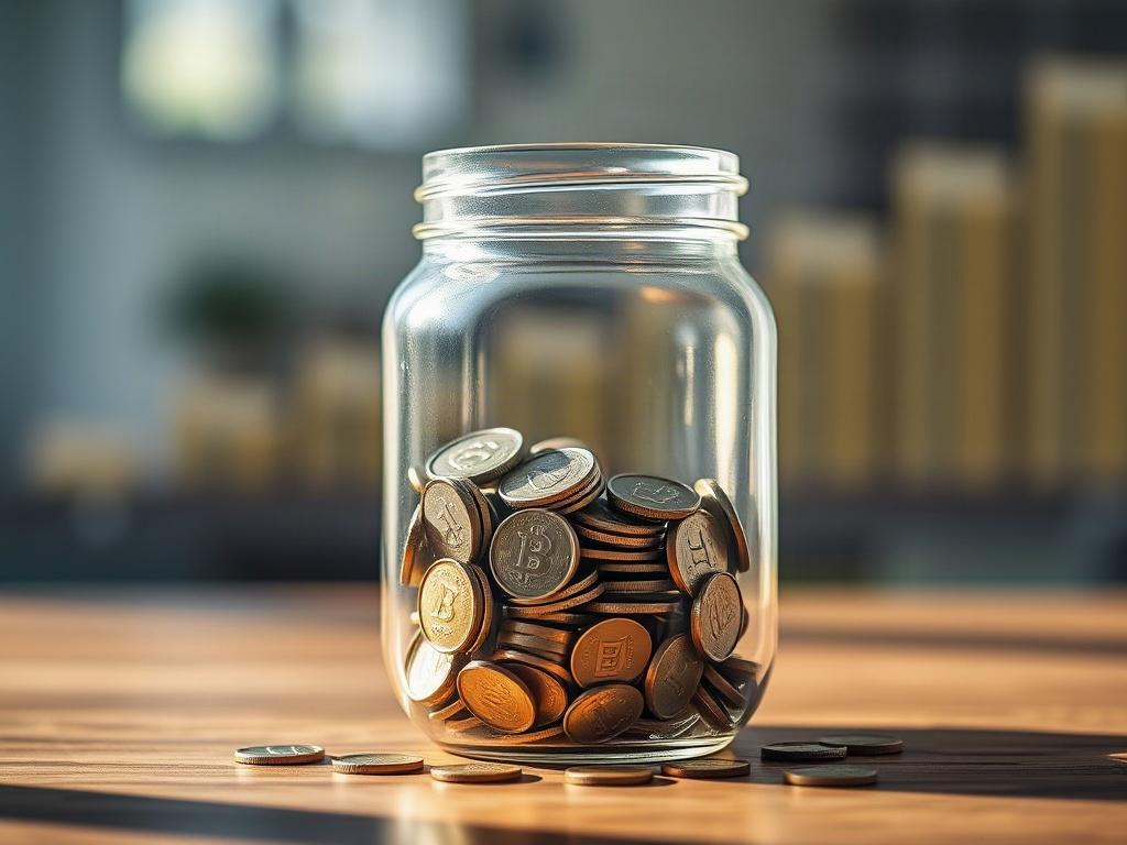 A high-resolution image of a clear glass jar filled with coins, placed on a wooden table. In the background, a blurred chart showing upward trends, symbolizing growth and effective fund allocation. Soft natural lighting highlights the jar.