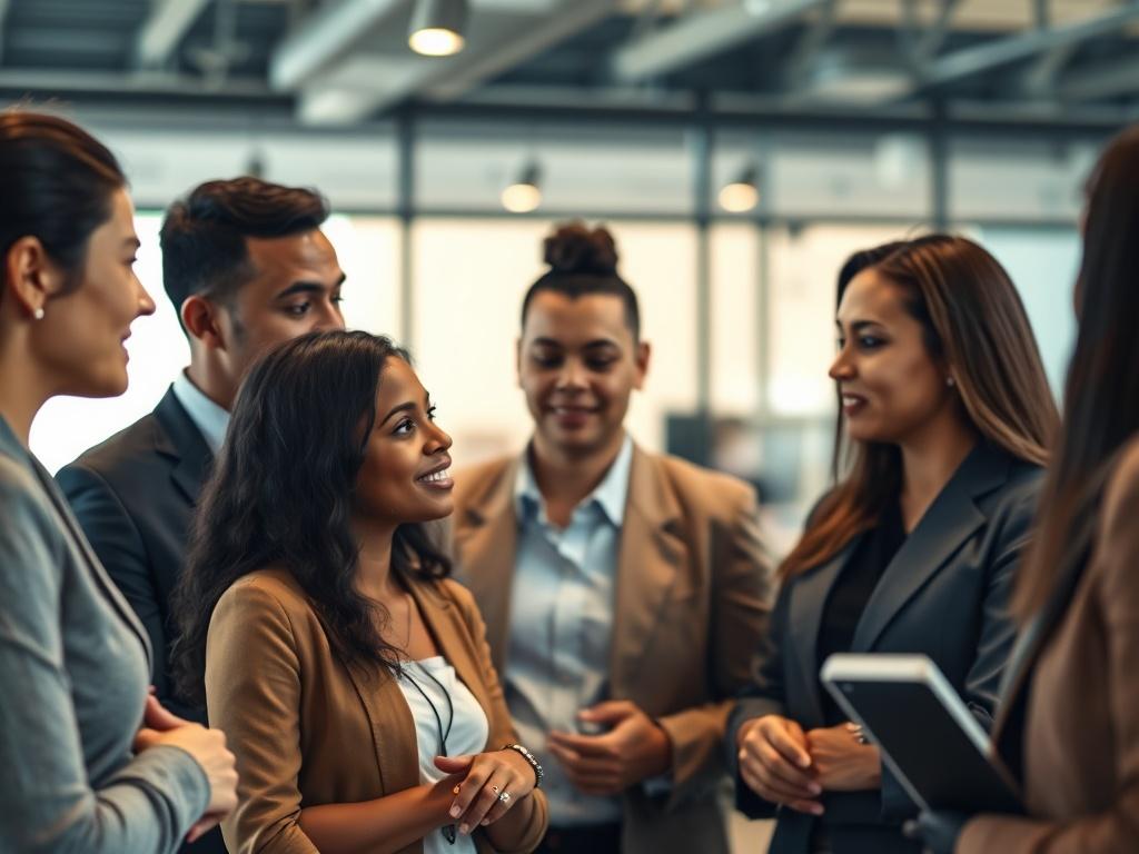 A close-up shot of a diverse group of professionals engaged in a discussion, showcasing collaboration and teamwork in a modern office setting. The background is softly blurred, emphasizing the individuals. The lighting is warm and inviting, and the professionals are dressed in business attire, conveying a sense of professionalism and competence.
